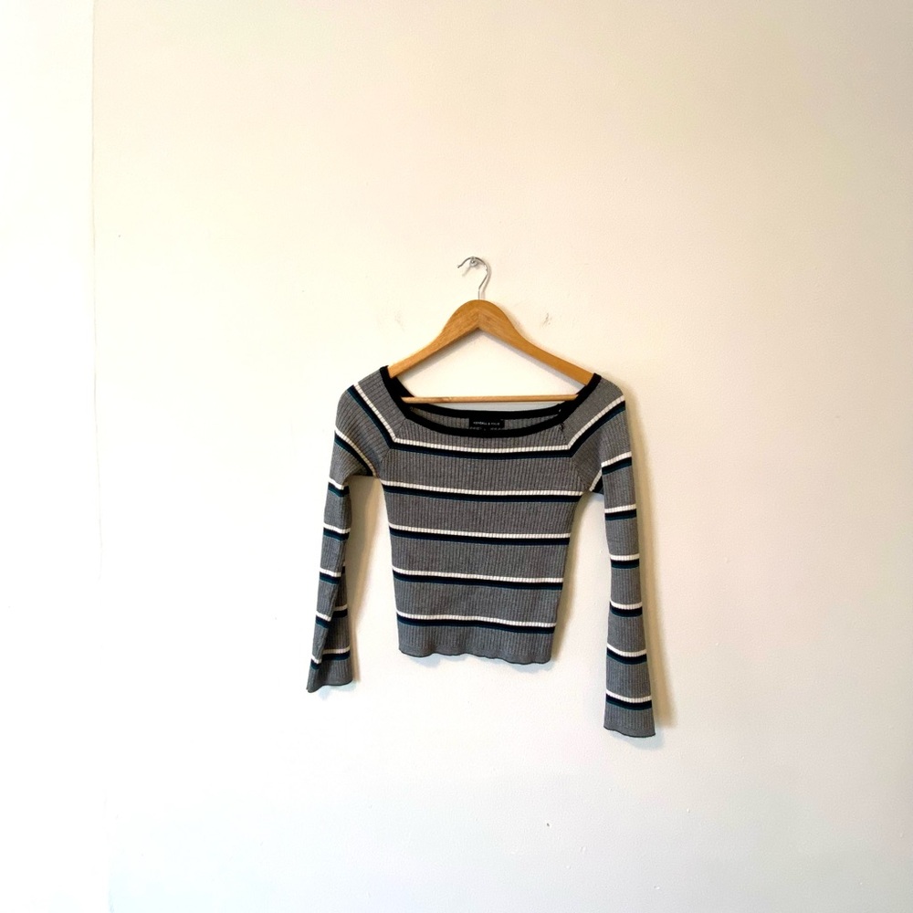 S Kendall Kylie Striped Black White Green Long Sleeve Square Neck Top
